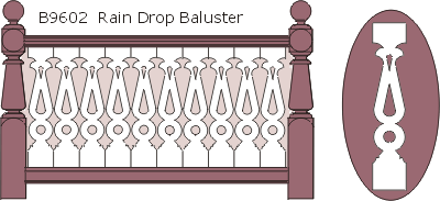 B9602 Rain Drop flat sawn balusters, railings and 13010 posts