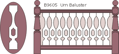 B9605 Urn flat sawn balusters, railings and 13010 posts